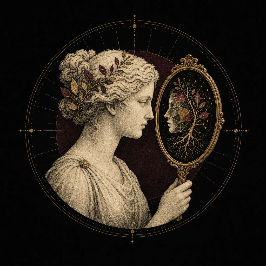 An engraved figure studying her many-faceted reflection in an ornate mirror.