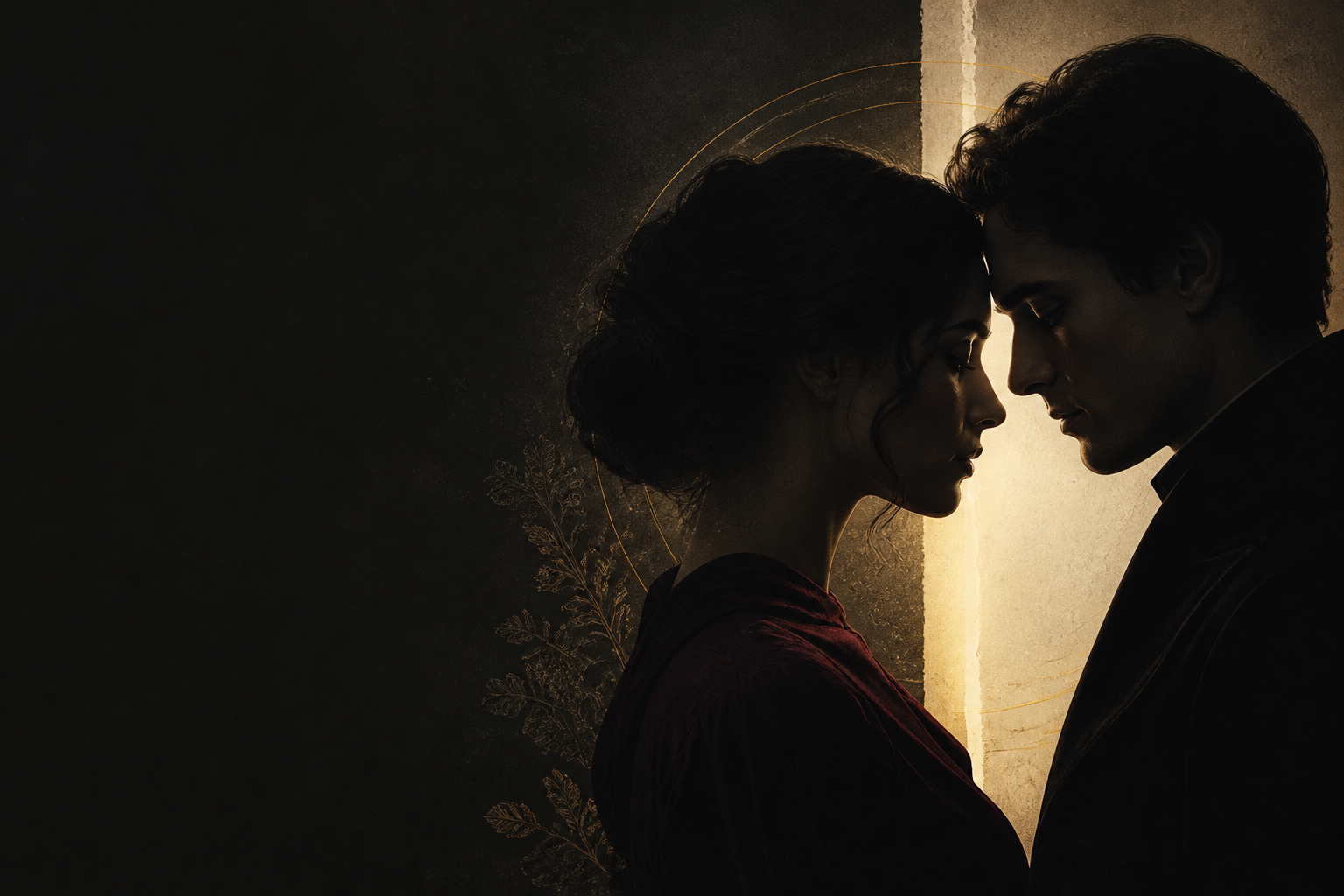 Two adults lean close in warm light, rendered as a dark literary editorial portrait.