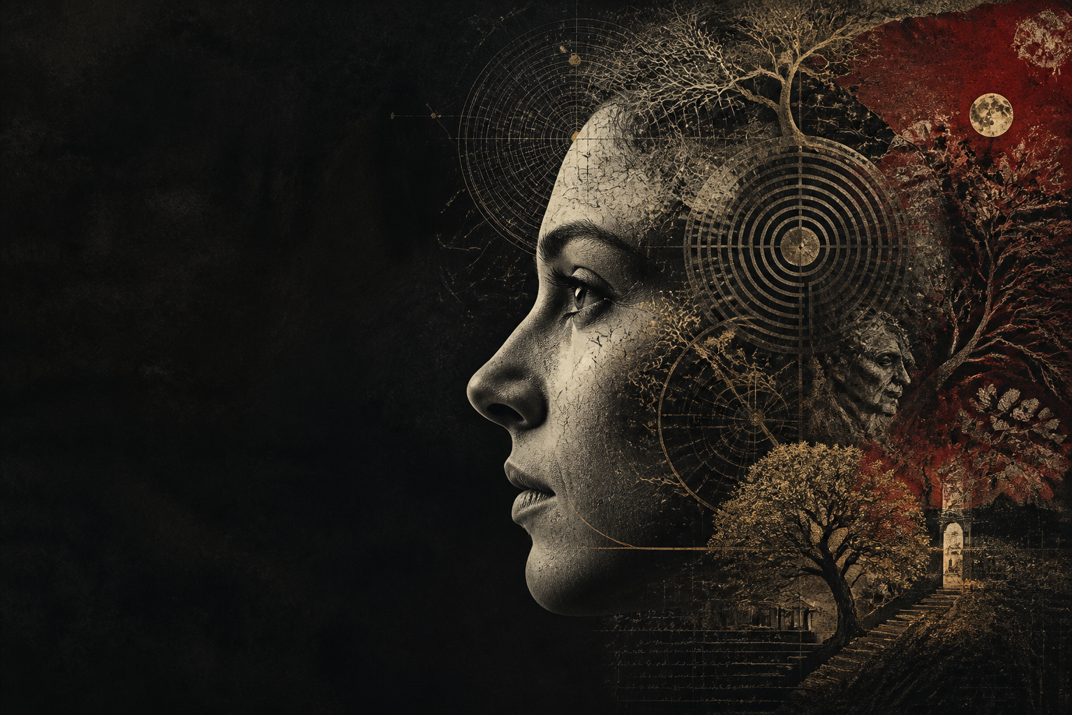 A contemplative adult profile layered with labyrinths and branching natural forms.